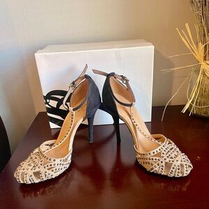 Nine West Avaline OLÍ Black and Tan Suede Studded Stiletto Heels